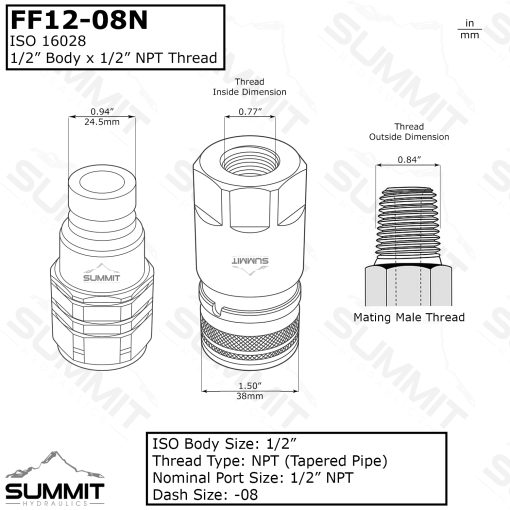 Flat Face Hydraulic Quick Connect Male Coupler, 1/2" NPT Thread - Image 3