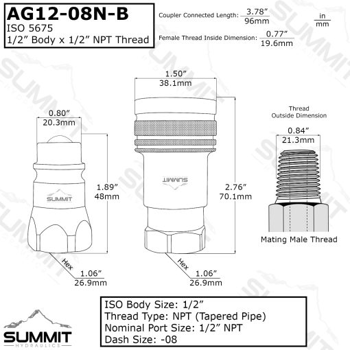 AG 1/2" Body 1/2" SAE Thread ISO 5675 Ball Type