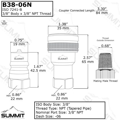 3/8" NPT ISO 7241-B Quick Disconnect Hydraulic Female Coupler - Image 2