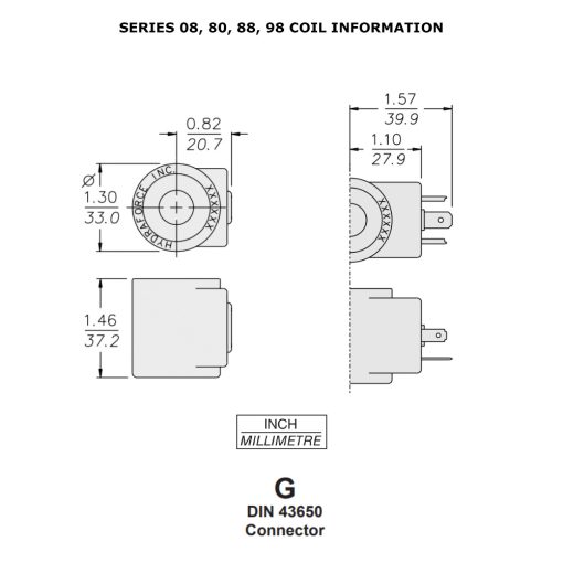 HydraForce 6306024 Solenoid Valve Coil, 3 Prong DIN Connector, 24v DC, 08 Series