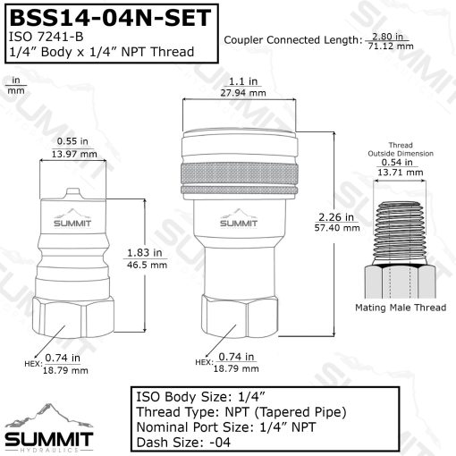 1/4" NPT ISO 7241-B Stainless Steel Quick Disconnect Hydraulic Female Coupler - Image 2