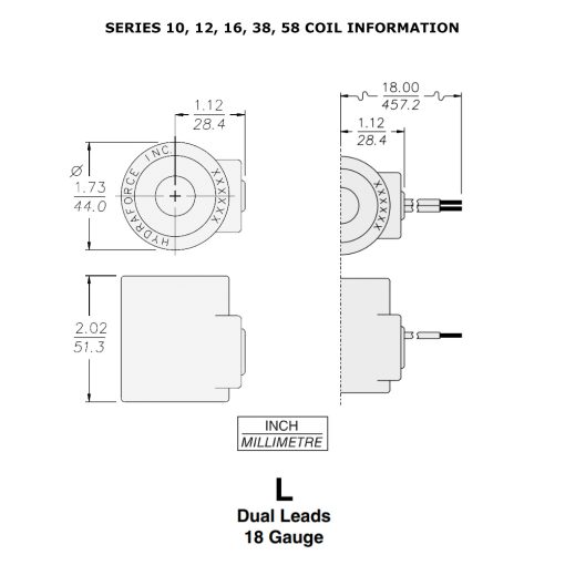 HydraForce 6352024 Solenoid Valve Coil, Wire Leads, 24v DC, 10 Series
