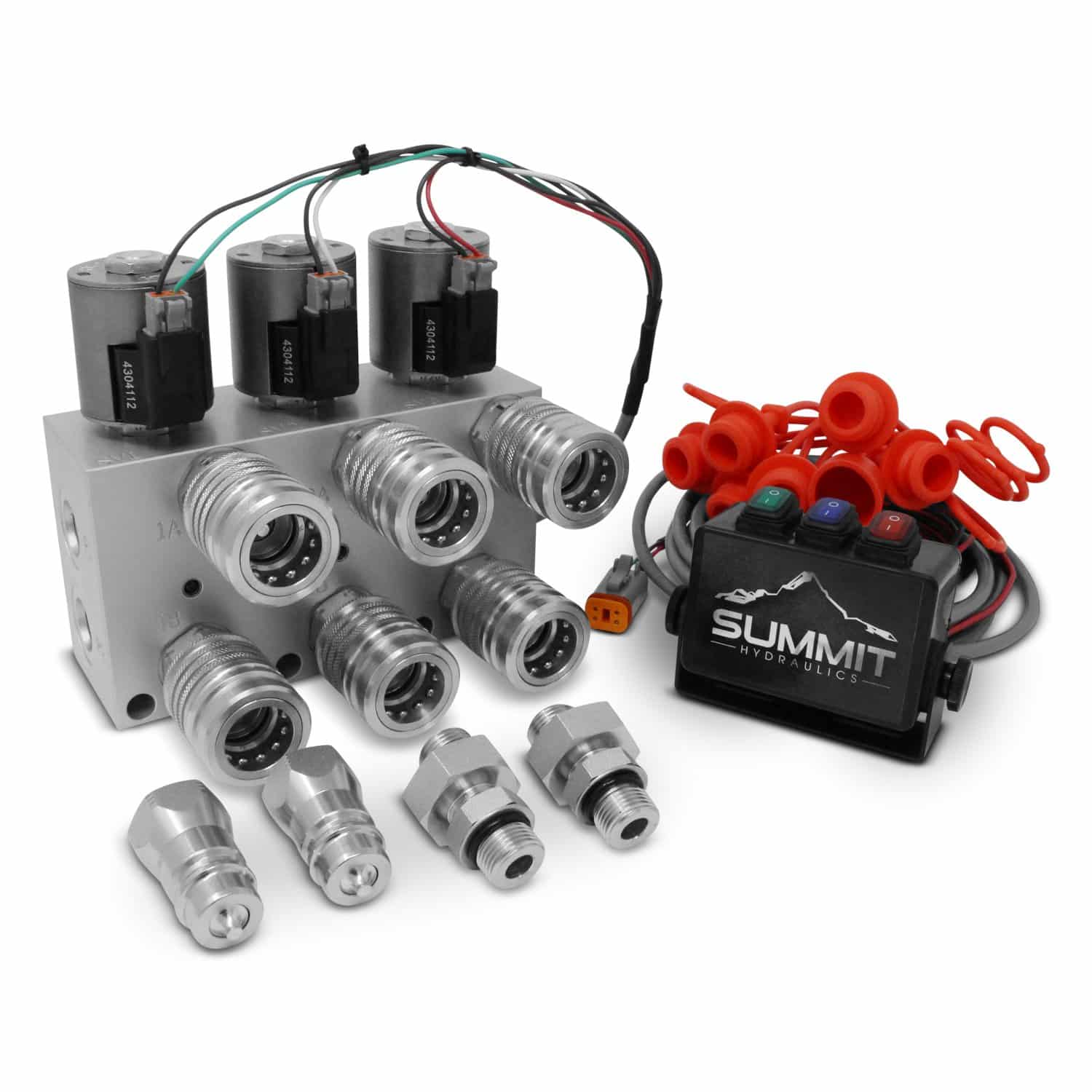 Kit multiplicador hidráulico, válvula selectora de 3 circuitos que incluye acopladores y control de caja de interruptores