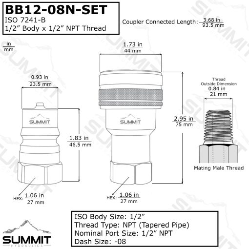 1/2" NPT ISO 7241-B Brass Quick Disconnect Hydraulic Coupler Set - Image 2