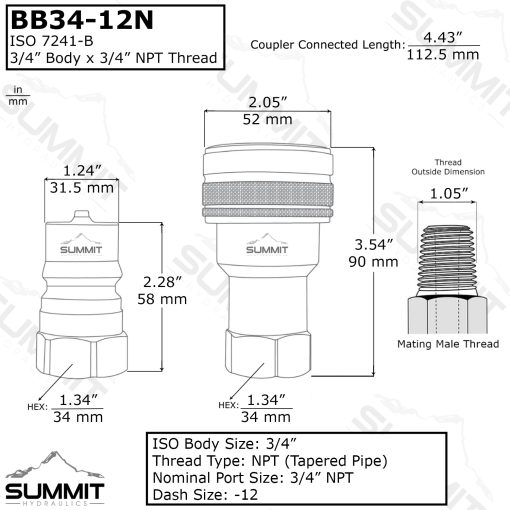 3/4" NPT ISO 7241-B Brass Quick Disconnect Hydraulic Male Coupler - Image 2