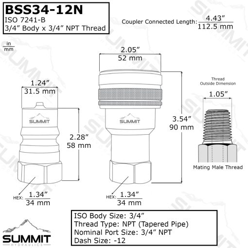 3/4" NPT ISO 7241-B Stainless Steel Quick Disconnect Hydraulic Coupler Set - Image 2
