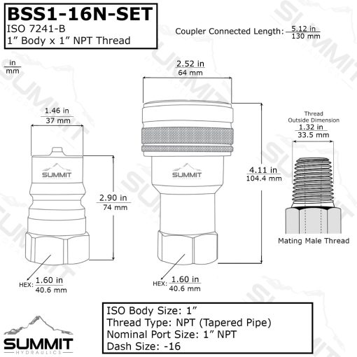 1" NPT ISO 7241-B Stainless Steel Quick Disconnect Hydraulic Coupler Set - Image 2