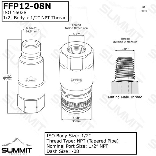 Flat Face Connect Under Pressure Hydraulic Quick Connect Coupler Set, 1/2" NPT Thread - Image 3