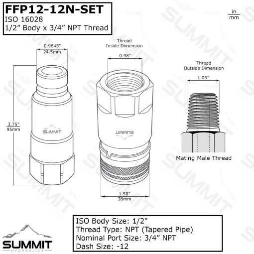 Flat Face Connect Under Pressure Hydraulic Quick Connect Coupler Set, 3/4" NPT Thread - Image 3