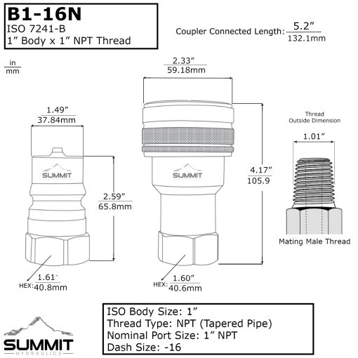 1" NPT ISO 7241-B Quick Disconnect Hydraulic Male Coupler - Image 2